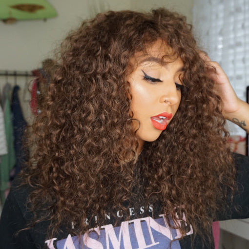 16 Inches Curly #4 Medium Brown 100% Brazilian Virgin Human Hair 360 Lace Wigs [I3HCY5534]