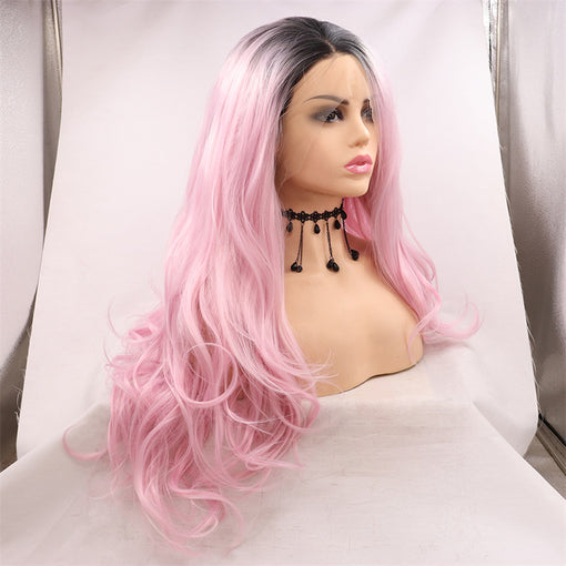 Black Root Pink Body Wave Long Lace Front High Heat Resistant Fiber Synthetic Hair Wigs [ILS5714]