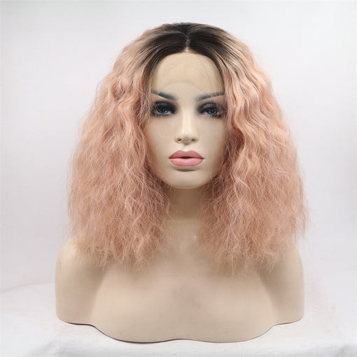 Black Root Pink Water Wave Medium Lace Front High Heat Resistant Fiber Synthetic Hair Wigs [ILS5716]