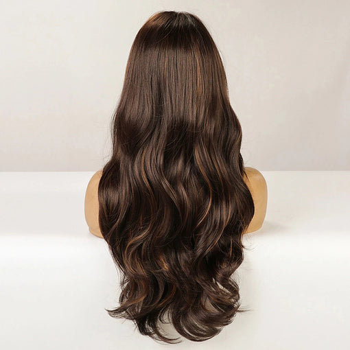 Long Dark Brown Natural Wavy Machine Made Synthetic Hair Wig With Bangs