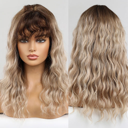 Long Ombre Brown Blonde Water Wavy Machine Made Synthetic Hair Wig With Bangs