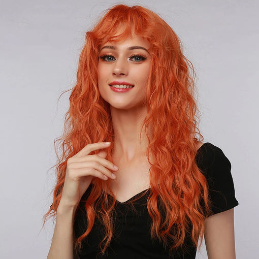 Long Orange Water Wavy Machine Made Synthetic Hair Wig With Bangs