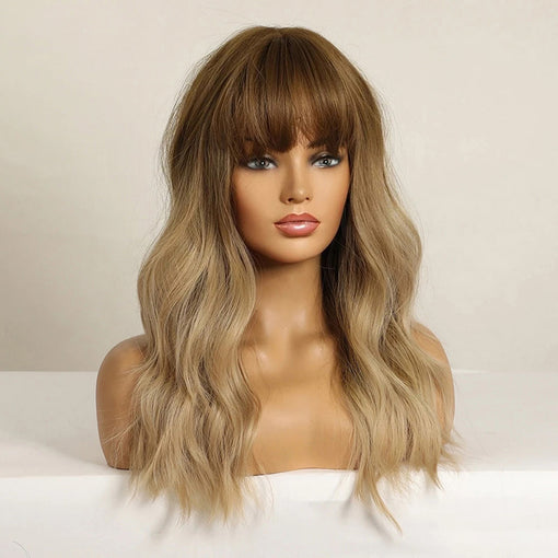 Long Ombre Light Brown Natural Wavy Machine Made Synthetic Hair Wig With Bangs