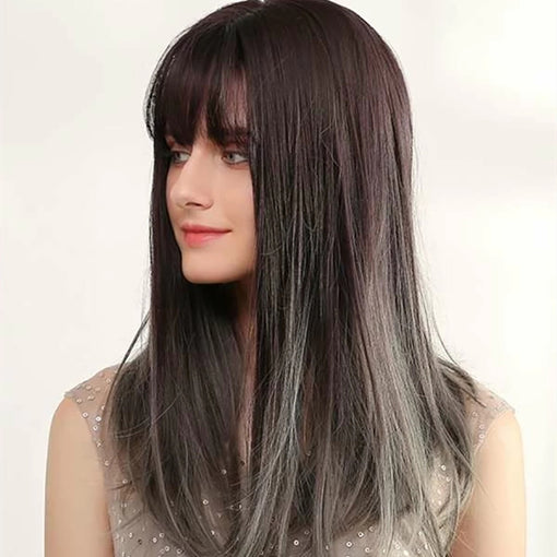 Medium Length Ombre Brown Straight Machine Made Synthetic Hair Wig With Bangs