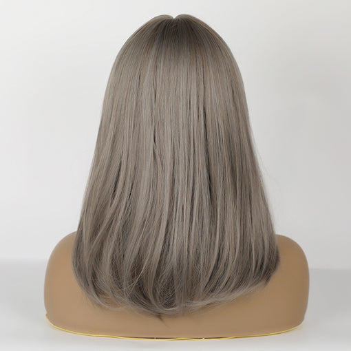 Medium Length Ash Grey Straight Machine Made Synthetic Hair Wig With Bangs