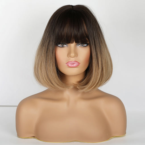 Short Ombre Black Blonde Straight Machine Made Synthetic Hair Wig With Bangs