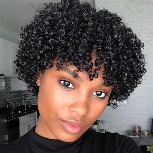 10 Inches Curly Natural Black 100% Brazilian Virgin Human Hair Full Lace Wigs [IFHCY5497]