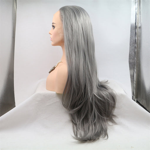 Deep Grey Silky Straight Long Lace Front High Heat Resistant Fiber Synthetic Hair Wigs [ILS5651]