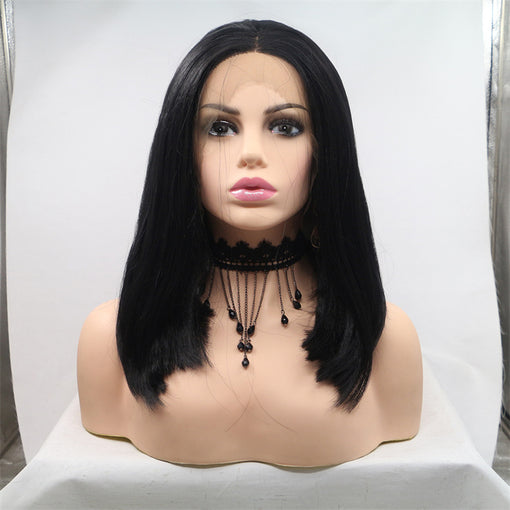 Black Silky Straight Medium Lace Front High Heat Resistant Fiber Synthetic Hair Wigs [ILS5654]