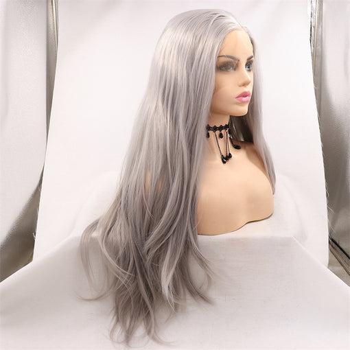 Grey Straight Long Lace Front High Heat Resistant Fiber Synthetic Hair Wigs [ILS5667]