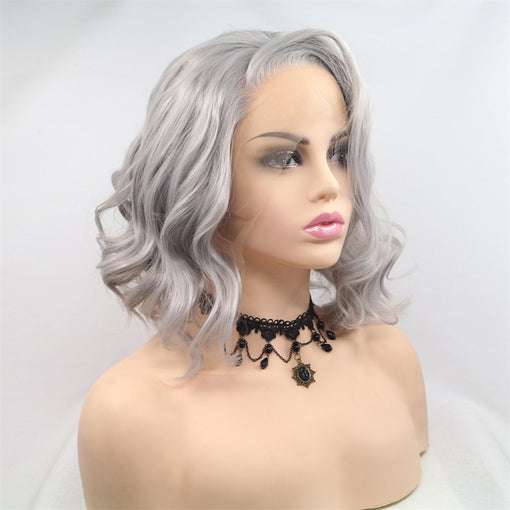 Silver-Grey Body Wave Medium Lace Front High Heat Resistant Fiber Synthetic Hair Wigs [ILS5682]