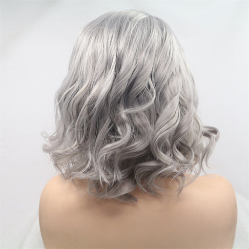 Silver-Grey Body Wave Medium Lace Front High Heat Resistant Fiber Synthetic Hair Wigs [ILS5682]
