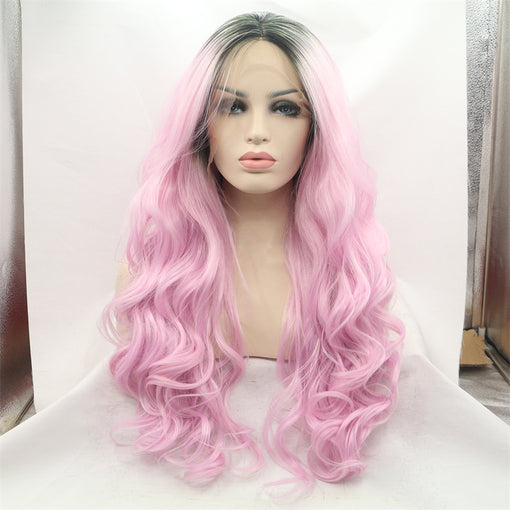 Grey Black Root Fandango Pink Body Wave Long Lace Front High Heat Resistant Fiber Synthetic Hair Wigs [ILS5686]