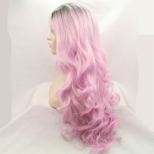 Grey Black Root Fandango Pink Body Wave Long Lace Front High Heat Resistant Fiber Synthetic Hair Wigs [ILS5686]