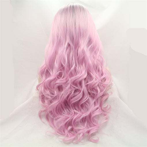 Grey Black Root Fandango Pink Body Wave Long Lace Front High Heat Resistant Fiber Synthetic Hair Wigs [ILS5686]