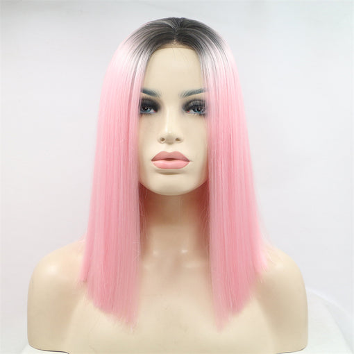 Grey Black Root Pink Silky Straight Medium Lace Front High Heat Resistant Fiber Synthetic Hair Wigs [ILS5687]