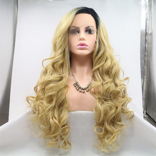 Black Root Camel Body Wave Long Lace Front High Heat Resistant Fiber Synthetic Hair Wigs [ILS5688]