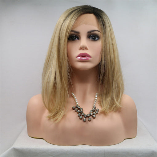 Dark Root Blonde Silky Straight Medium Lace Front High Heat Resistant Fiber Synthetic Hair Wigs [ILS5691]