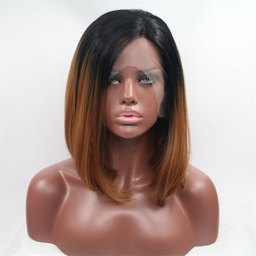 Black Russet Brown Ombre Silky Straight Short Lace Front High Heat Resistant Fiber Synthetic Hair Wigs [ILS5694]