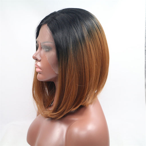 Black Russet Brown Ombre Silky Straight Short Lace Front High Heat Resistant Fiber Synthetic Hair Wigs [ILS5694]