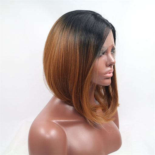 Black Russet Brown Ombre Silky Straight Short Lace Front High Heat Resistant Fiber Synthetic Hair Wigs [ILS5694]