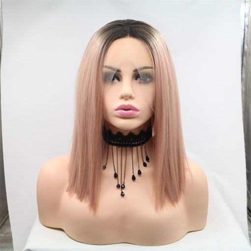 Dark Root Flesh Pink Silky Straight Medium Lace Front High Heat Resistant Fiber Synthetic Hair Wigs [ILS5695]