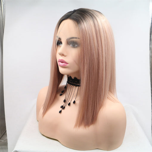 Dark Root Flesh Pink Silky Straight Medium Lace Front High Heat Resistant Fiber Synthetic Hair Wigs [ILS5695]