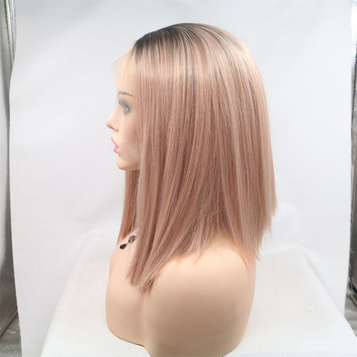 Dark Root Flesh Pink Silky Straight Medium Lace Front High Heat Resistant Fiber Synthetic Hair Wigs [ILS5695]