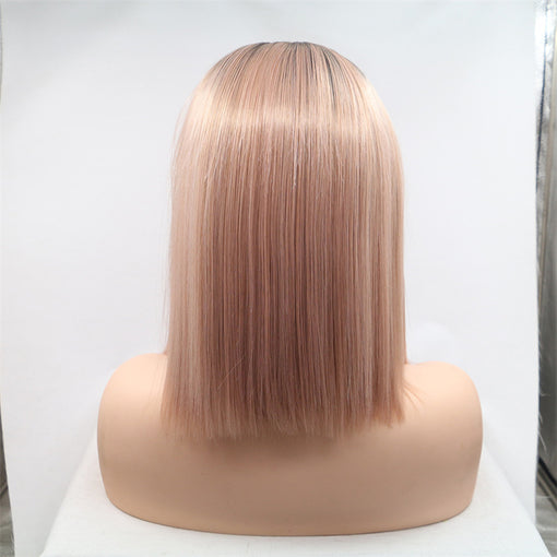 Dark Root Flesh Pink Silky Straight Medium Lace Front High Heat Resistant Fiber Synthetic Hair Wigs [ILS5695]