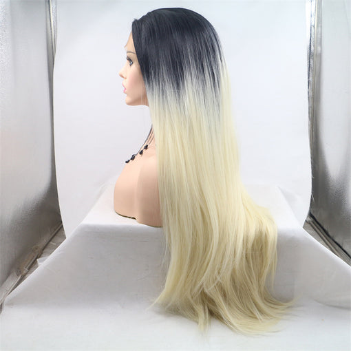 Black/Blonde Ombre Silky Straight Long Lace Front High Heat Resistant Fiber Synthetic Hair Wigs [ILS5696]