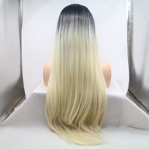 Black/Blonde Ombre Silky Straight Long Lace Front High Heat Resistant Fiber Synthetic Hair Wigs [ILS5696]