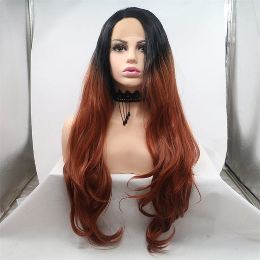 Black Bronze Red Ombre Body Wave Long Lace Front High Heat Resistant Fiber Synthetic Hair Wigs [ILS5697]