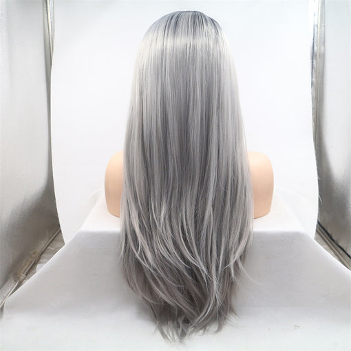 Black Root Grey Silky Straight Long Lace Front High Heat Resistant Fiber Synthetic Hair Wigs [ILS5699]