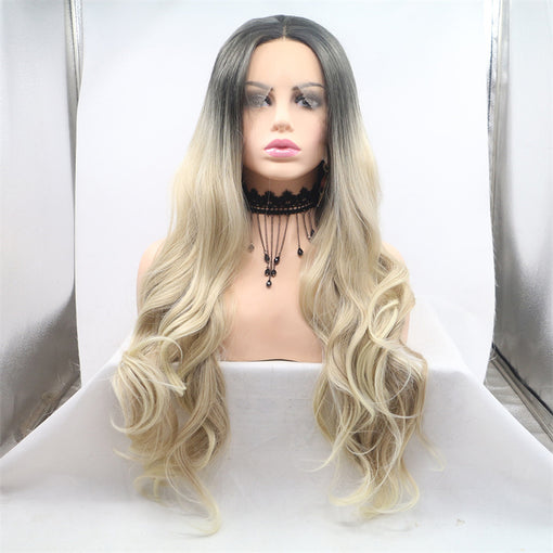 Grey Black Root Blonde Ombre Body Wave Long Lace Front High Heat Resistant Fiber Synthetic Hair Wigs [ILS5700]