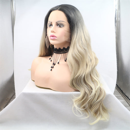 Grey Black Root Blonde Ombre Body Wave Long Lace Front High Heat Resistant Fiber Synthetic Hair Wigs [ILS5700]