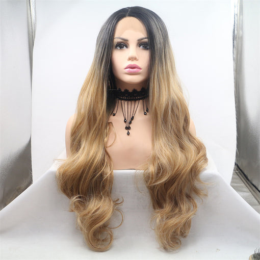 Grey Black Blonde Ombre Body Wave Long Lace Front High Heat Resistant Fiber Synthetic Hair Wigs [ILS5702]