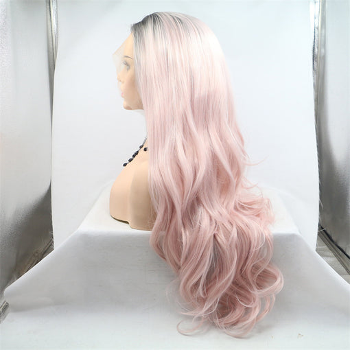 Grey Black Root Pink Body Wave Long Lace Front High Heat Resistant Fiber Synthetic Hair Wigs [ILS5703]