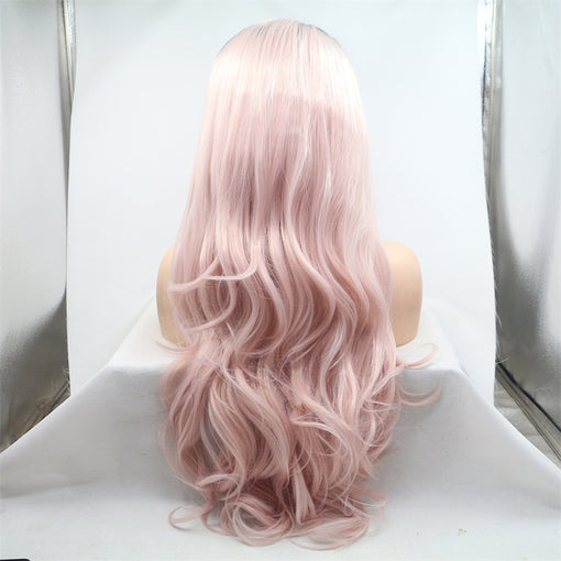 Grey Black Root Pink Body Wave Long Lace Front High Heat Resistant Fiber Synthetic Hair Wigs [ILS5703]