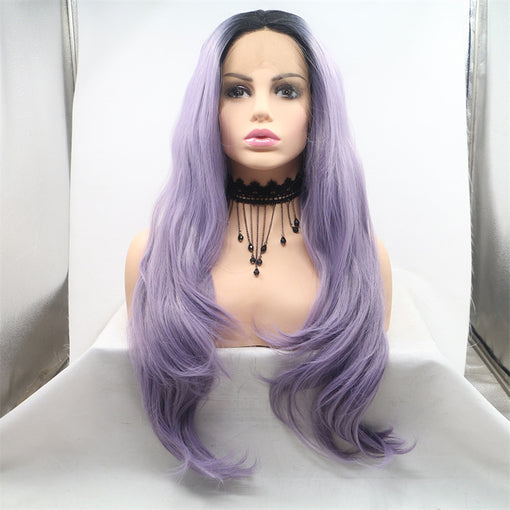 Black Root Lavender Body Wave Long Lace Front High Heat Resistant Fiber Synthetic Hair Wigs [ILS5704]