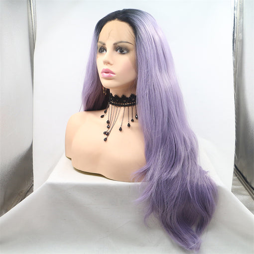 Black Root Lavender Body Wave Long Lace Front High Heat Resistant Fiber Synthetic Hair Wigs [ILS5704]