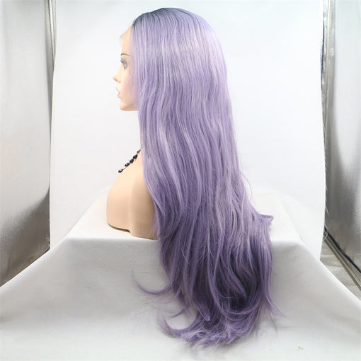 Black Root Lavender Body Wave Long Lace Front High Heat Resistant Fiber Synthetic Hair Wigs [ILS5704]