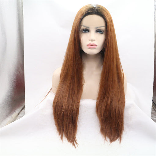 Dark Root Brown Silky Straight Long Lace Front High Heat Resistant Fiber Synthetic Hair Wigs [ILS5708]