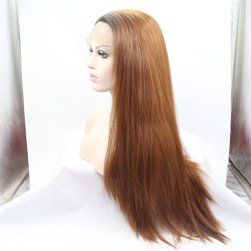 Dark Root Brown Silky Straight Long Lace Front High Heat Resistant Fiber Synthetic Hair Wigs [ILS5708]