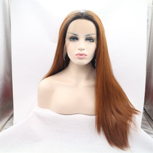 Dark Root Brown Silky Straight Long Lace Front High Heat Resistant Fiber Synthetic Hair Wigs [ILS5708]