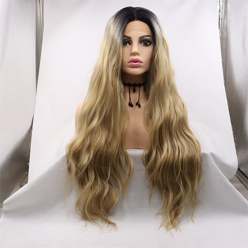 Dark Root Light Brown Body Wave Long Lace Front High Heat Resistant Fiber Synthetic Hair Wigs [ILS5711]