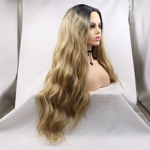 Dark Root Light Brown Body Wave Long Lace Front High Heat Resistant Fiber Synthetic Hair Wigs [ILS5711]