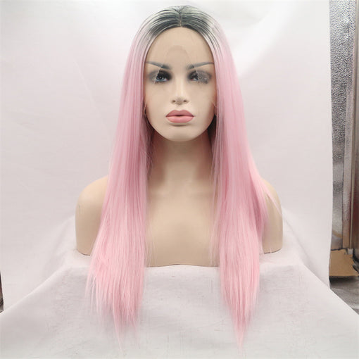 Grey Black Root Pink Silky Straight Long Lace Front High Heat Resistant Fiber Synthetic Hair Wigs [ILS5712]