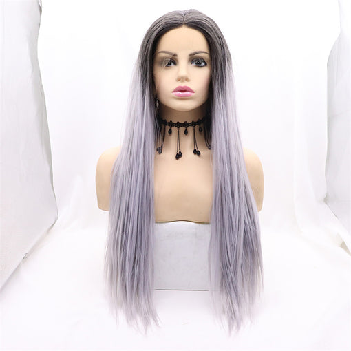 Grey Violet Ombre Silky Straight Long Lace Front High Heat Resistant Fiber Synthetic Hair Wigs [ILS5713]