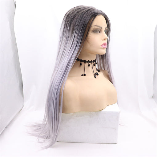 Grey Violet Ombre Silky Straight Long Lace Front High Heat Resistant Fiber Synthetic Hair Wigs [ILS5713]
