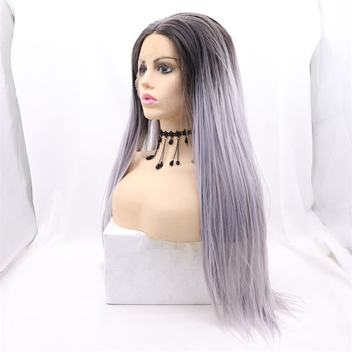 Grey Violet Ombre Silky Straight Long Lace Front High Heat Resistant Fiber Synthetic Hair Wigs [ILS5713]